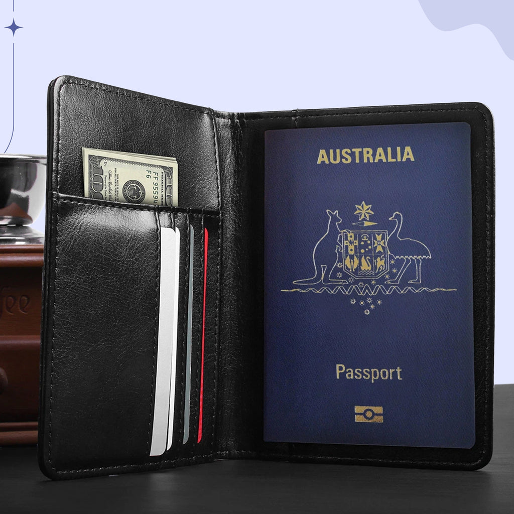 Reisepass-Hülle aus PU-Leder mit RFID-Schutz Kartenfächern Stifthalter und Elastischem Verschlussband für Reise