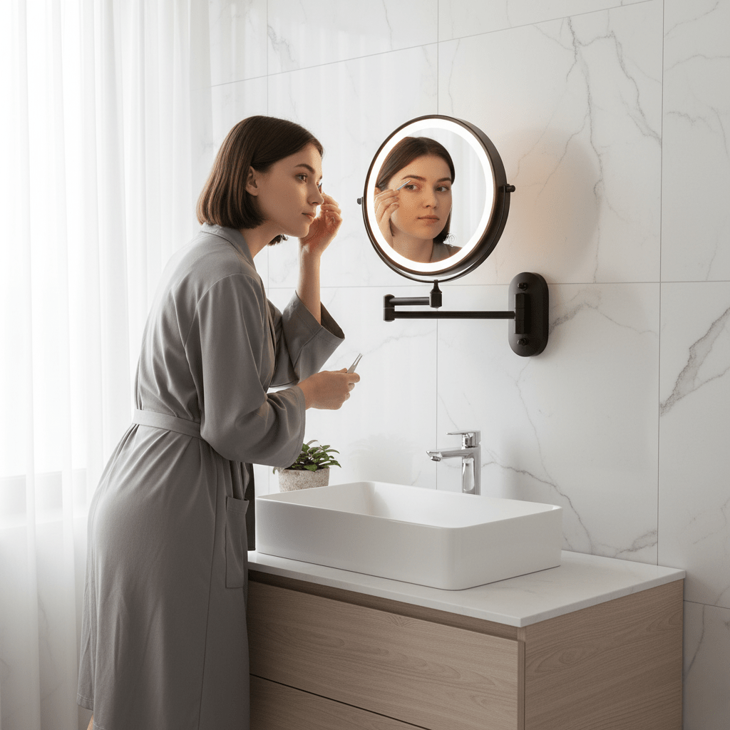 LED Wall Mounted Magnifying Mirror with Touch Control, Swivel Arm, and Rechargeable Battery for Bathroom and Vanity