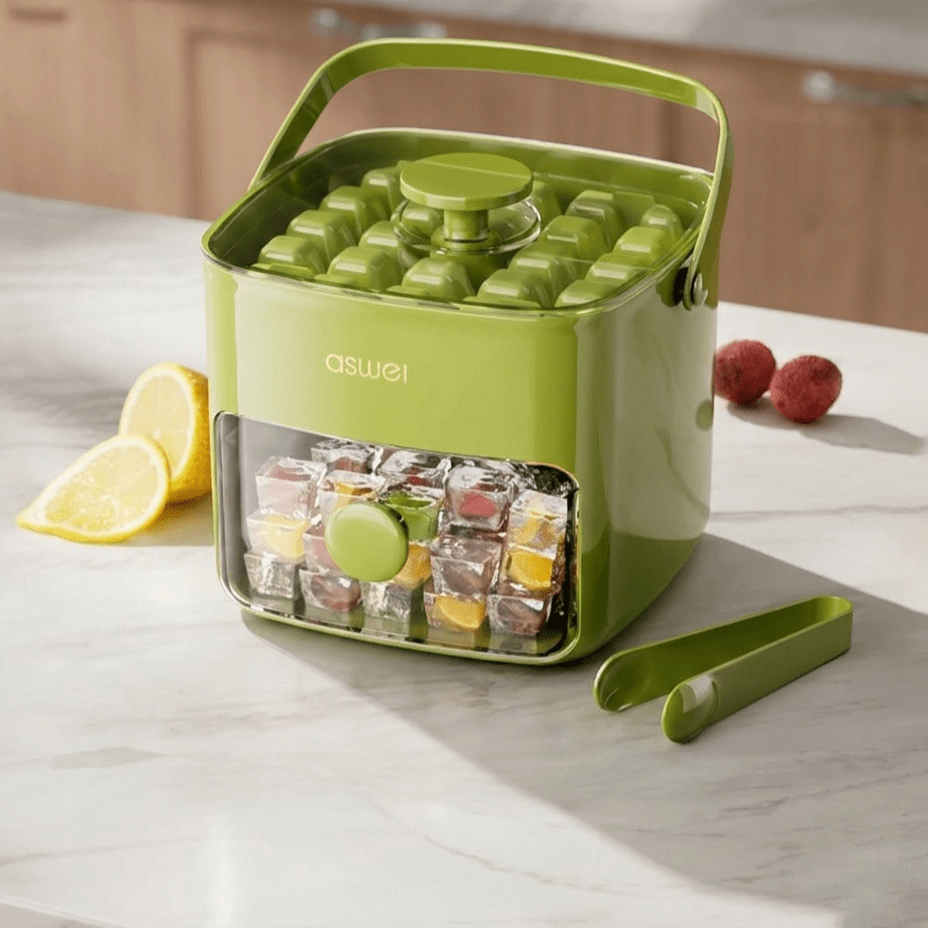2 - Stufen Eiswürfelbehälter mit Push - Mechanismus Vorratsbox für 48 Eiswürfel und Eiszange aus Lebensmittelechtem Kunststoff - Bolania