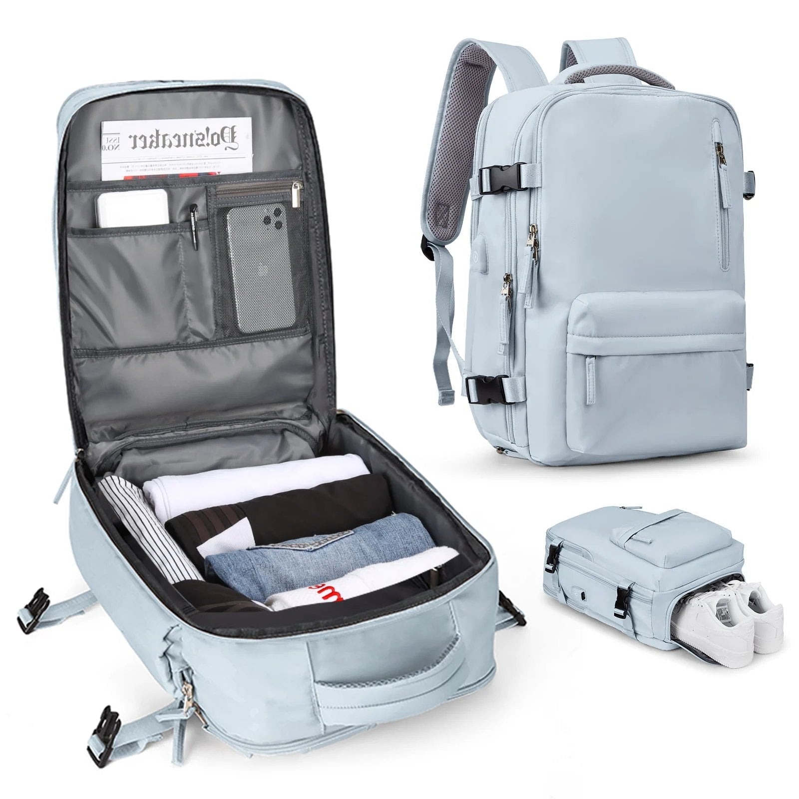 35L Reiserucksack mit USB - Anschluss Schuhfach Laptopfach und Anti - Diebstahl - Reißverschluss aus Wasserabweisendem Nylon - Bolania