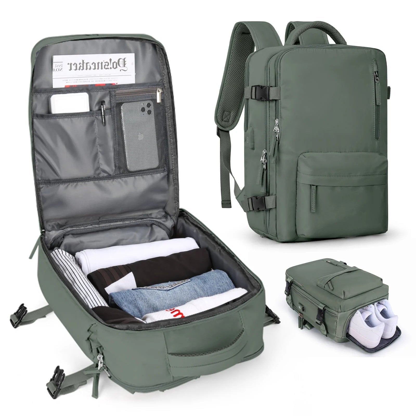 35L Reiserucksack mit USB - Anschluss Schuhfach Laptopfach und Anti - Diebstahl - Reißverschluss aus Wasserabweisendem Nylon - Bolania