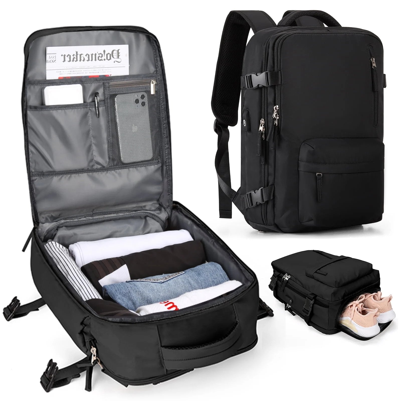 35L Reiserucksack mit USB - Anschluss Schuhfach Laptopfach und Anti - Diebstahl - Reißverschluss aus Wasserabweisendem Nylon - Bolania
