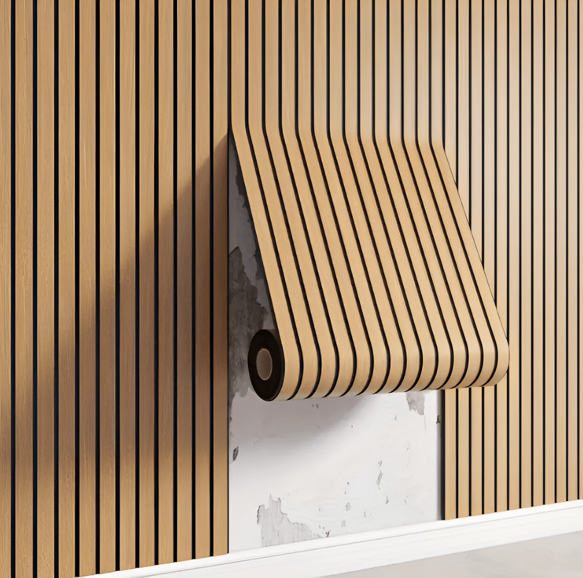 3D Wandverkleidung Selbstklebend in Holzlamellen-Optik aus PVC Wasserabweisend Rolle 40x300 cm (15.7 × 118.1 in) für Wohnzimmer und Schlafzimmer