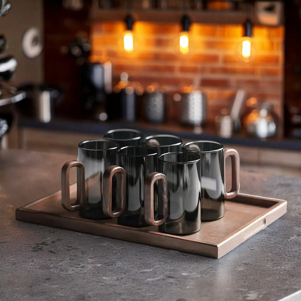 Kaffeegläser aus Rauchglas mit Holzgriff, 350 ml (11,8 fl oz), Schlanke Zylinderform