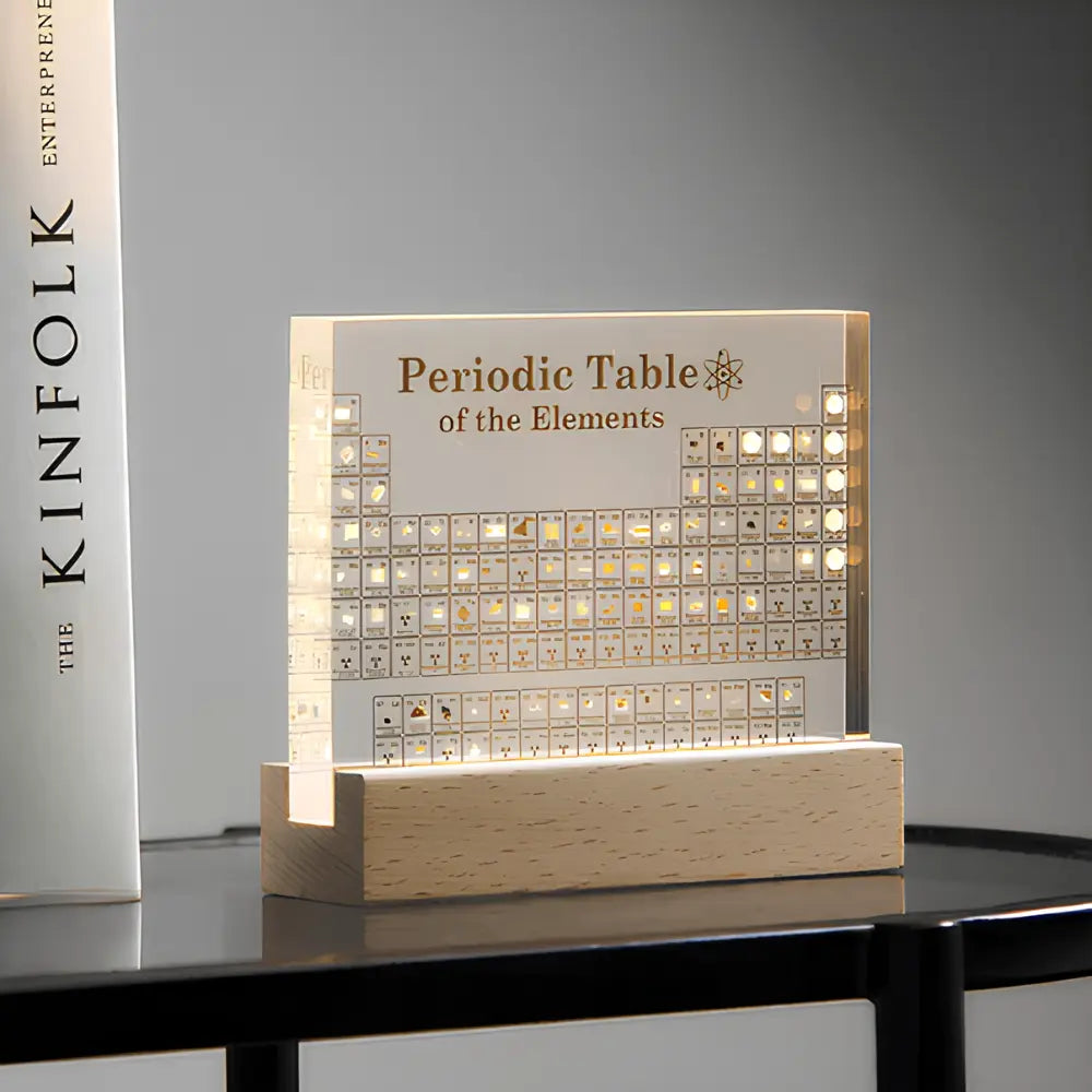Periodensystem-Display mit 83 Echten Elementen aus Acryl mit Beleuchtetem Holz-Standfuß Lehrmaterial und Deko-Objekt