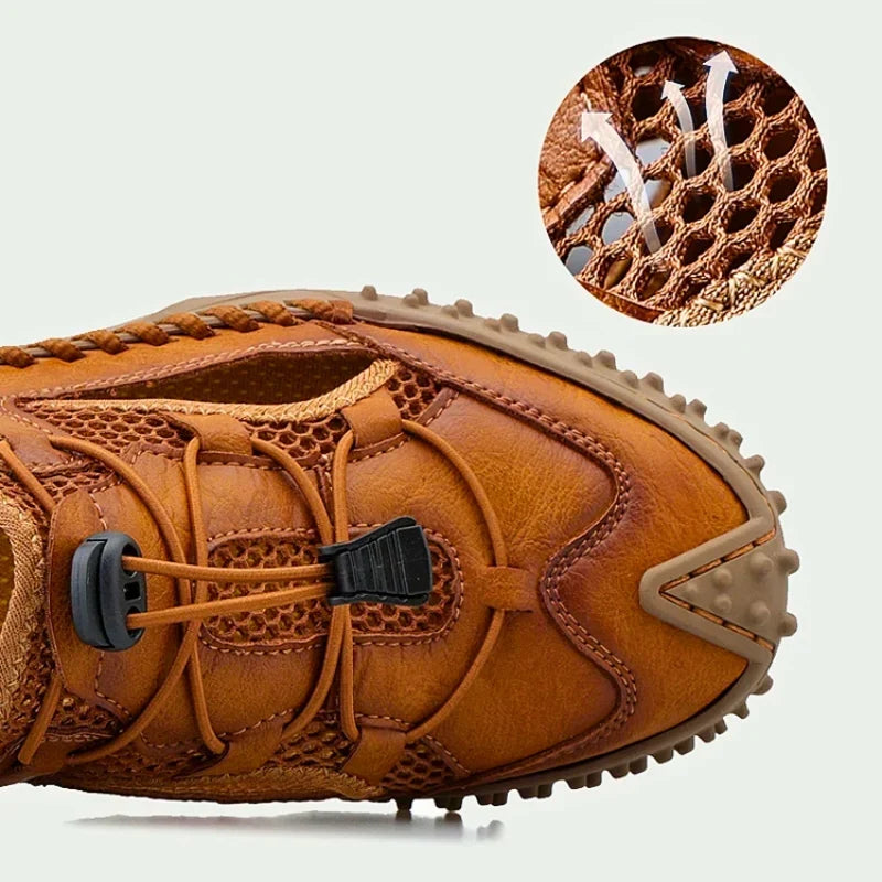 Leather Men's Shoes with Open Heel and Quick-Lacing System, Convertible Heel Strap, Breathable