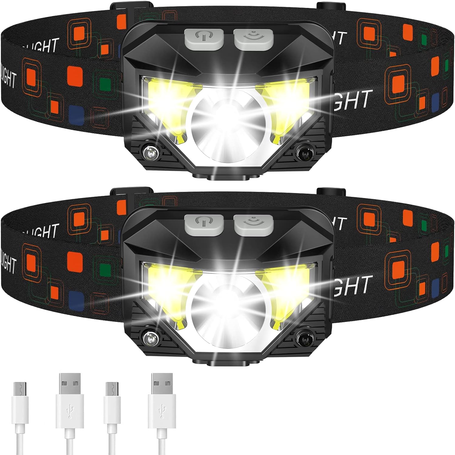 LED Headlamp 2-Pack with 1200 Lumens Motion Sensor 8 Lighting Modes and USB Charging Water-Resistant for Outdoor and Workshop