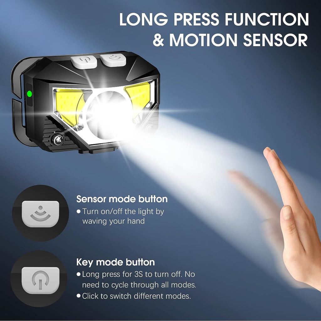 LED Headlamp 2-Pack with 1200 Lumens Motion Sensor 8 Lighting Modes and USB Charging Water-Resistant for Outdoor and Workshop