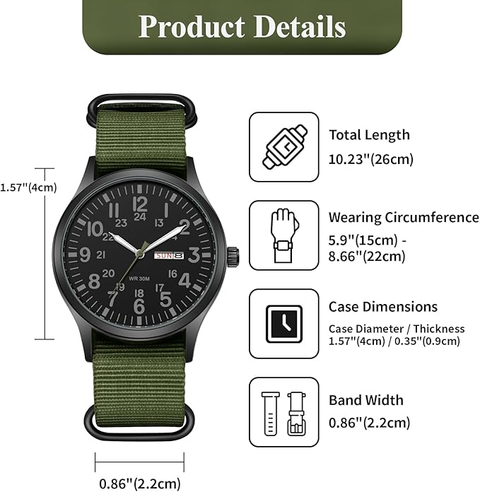 Herrenuhr mit Textilarmband und Datumsanzeige, 24-Stunden-Skala, Gehäuse 42 mm, Spritzwassergeschützt