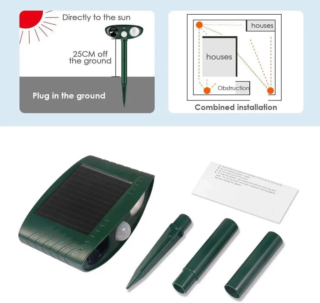 Solar Ultraschall-Tiervertreiber 2er-Set mit Bewegungssensor und Blinklicht Wetterfest für Garten Rasen und Beet