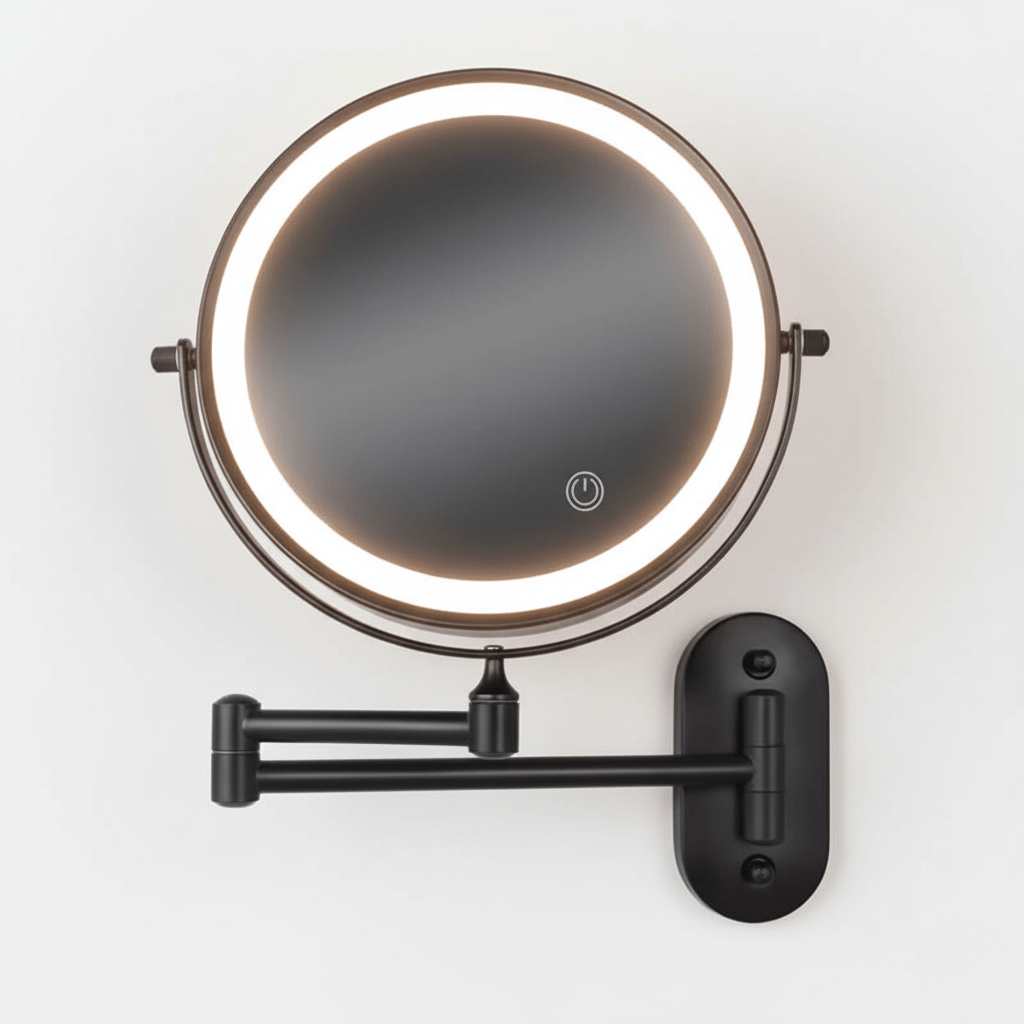 LED Wall Mounted Magnifying Mirror with Touch Control, Swivel Arm, and Rechargeable Battery for Bathroom and Vanity