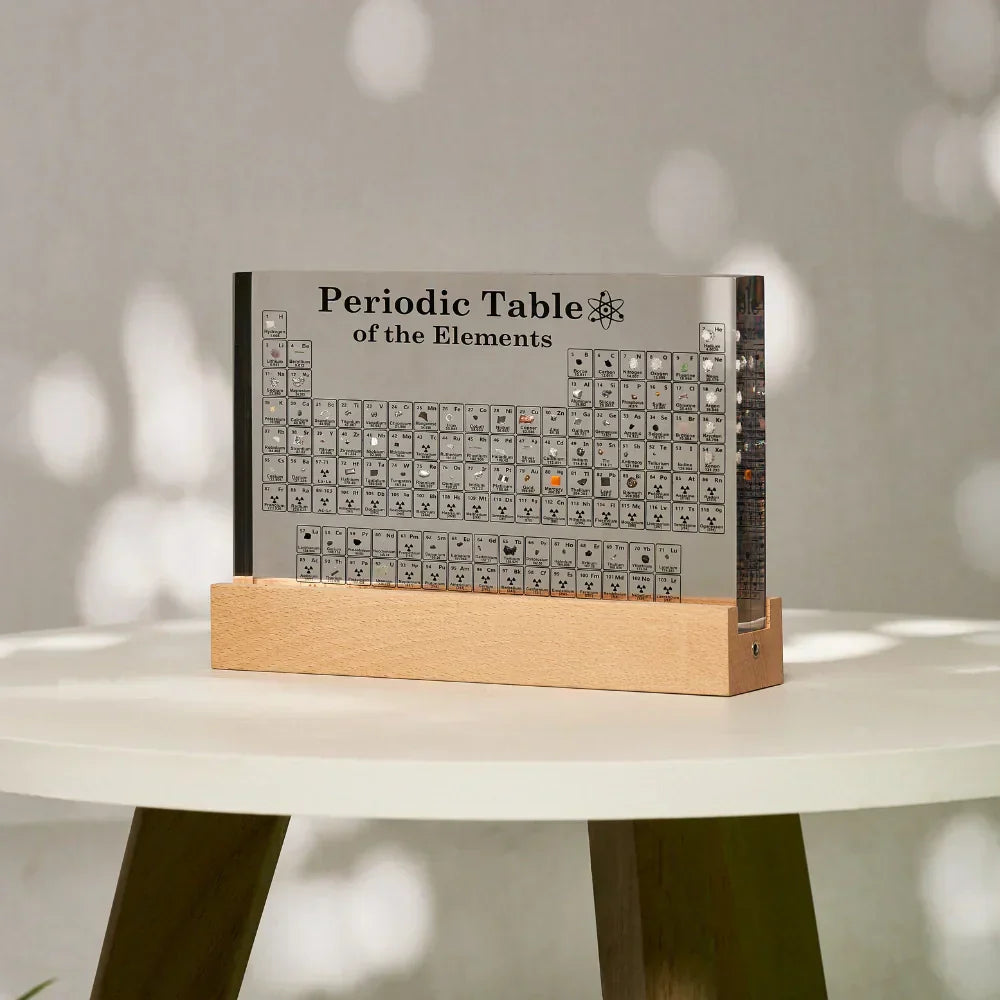 Periodensystem-Display mit 83 Echten Elementen aus Acryl mit Beleuchtetem Holz-Standfuß Lehrmaterial und Deko-Objekt