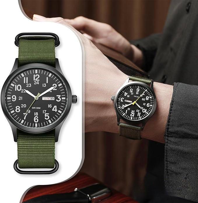 Herrenuhr mit Textilarmband und Datumsanzeige, 24-Stunden-Skala, Gehäuse 42 mm, Spritzwassergeschützt