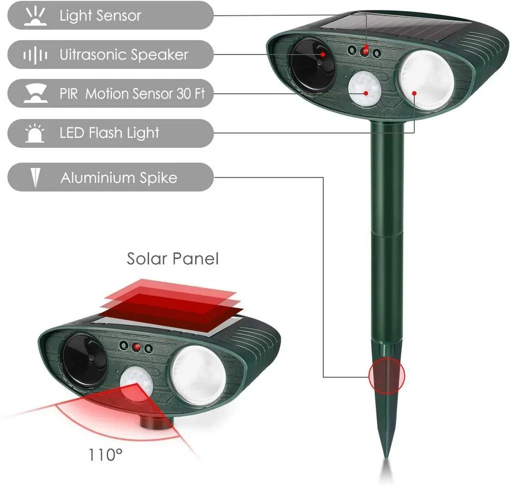 Solar Ultraschall-Tiervertreiber 2er-Set mit Bewegungssensor und Blinklicht Wetterfest für Garten Rasen und Beet