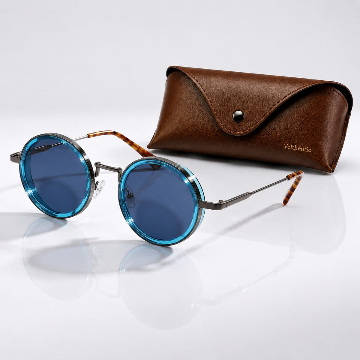 Round Polarized Sunglasses with UV400 Protection, Double Frame in Metal and Acetate