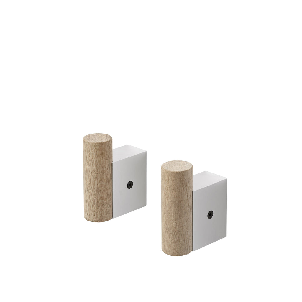 Oak and Aluminium Coat Hooks, Set of 2, Round Cylinder with Square Wall Plate