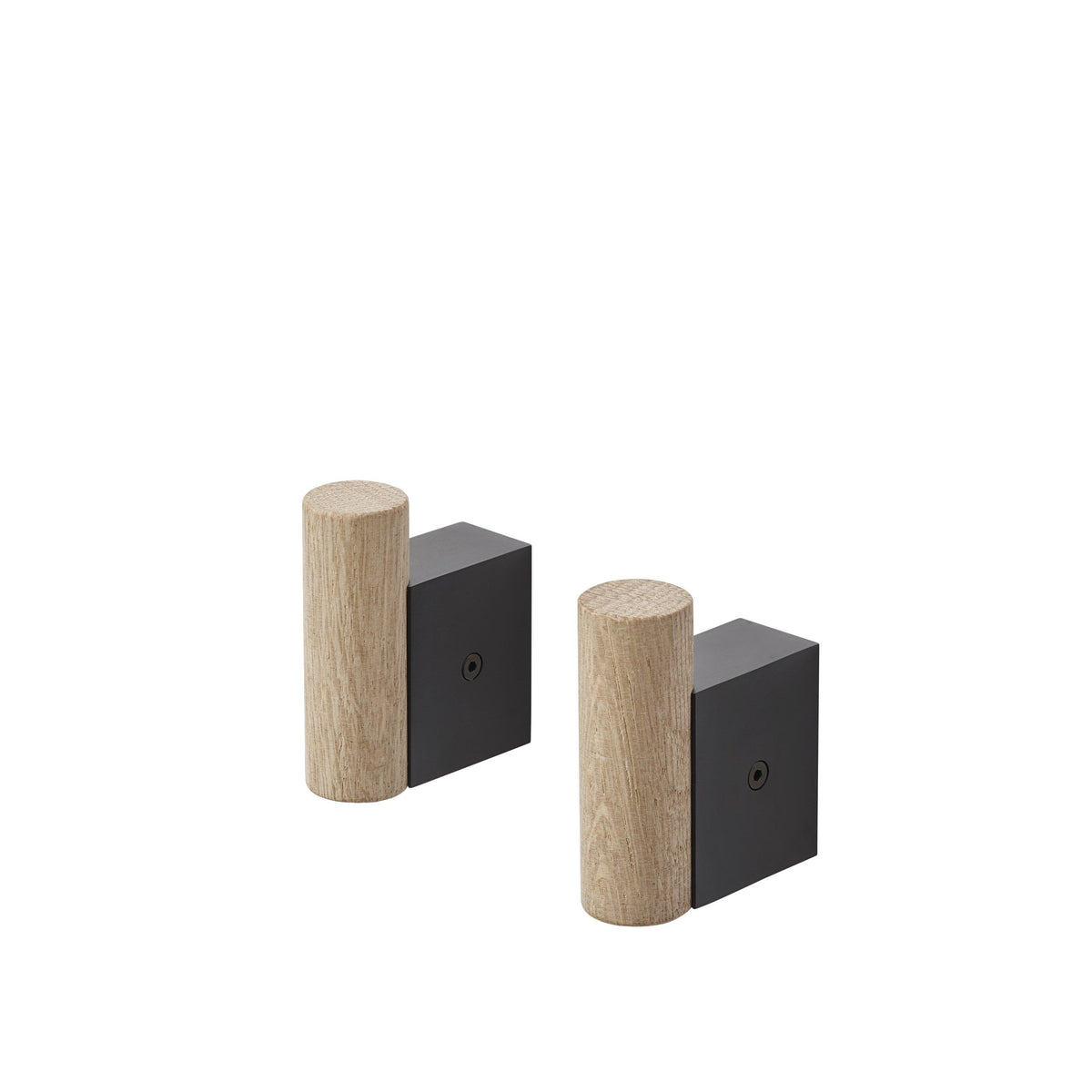 Oak and Aluminium Coat Hooks, Set of 2, Round Cylinder with Square Wall Plate