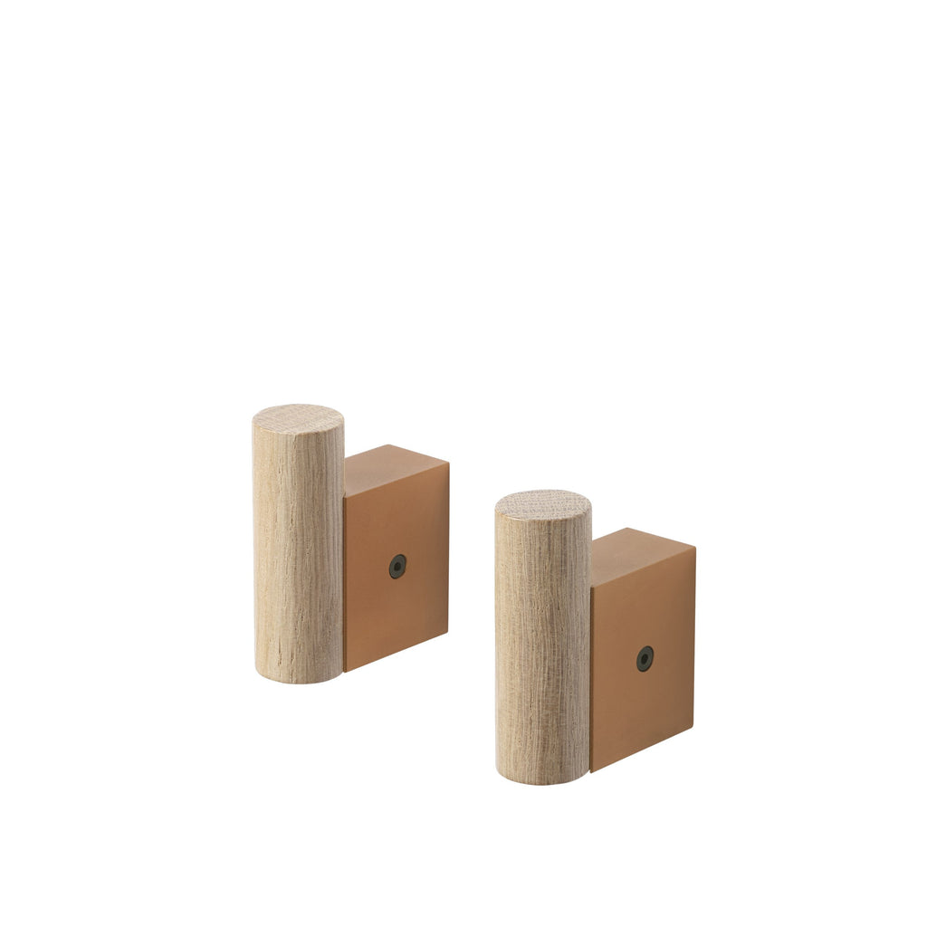 Oak and Aluminium Coat Hooks, Set of 2, Round Cylinder with Square Wall Plate