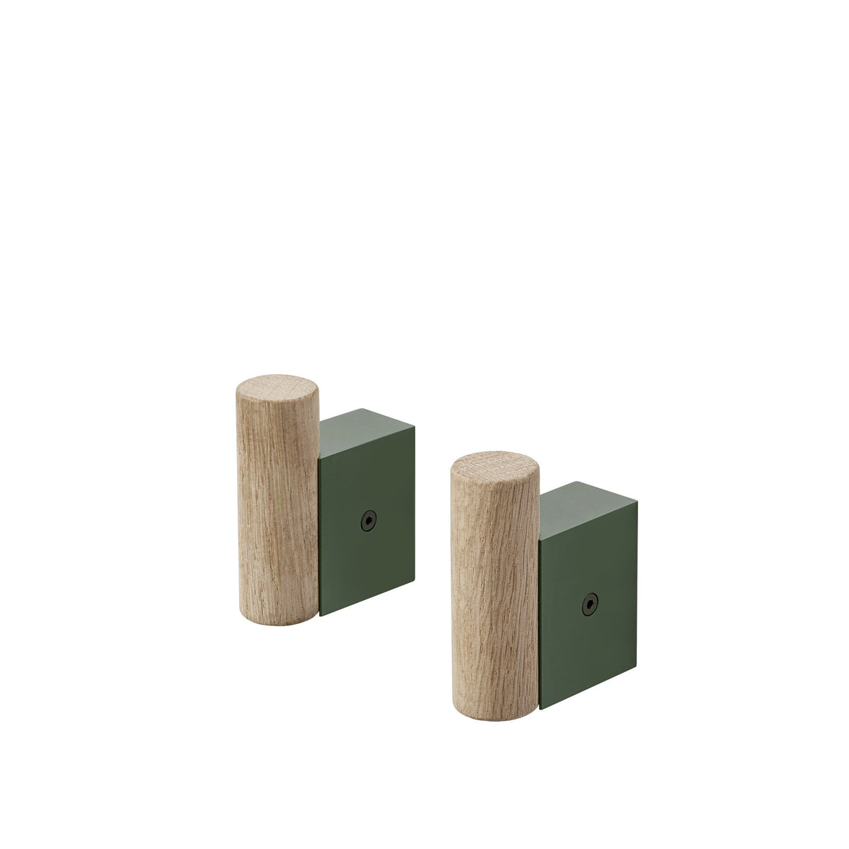 Oak and Aluminium Coat Hooks, Set of 2, Round Cylinder with Square Wall Plate