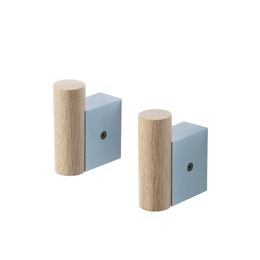 Oak and Aluminium Coat Hooks, Set of 2, Round Cylinder with Square Wall Plate