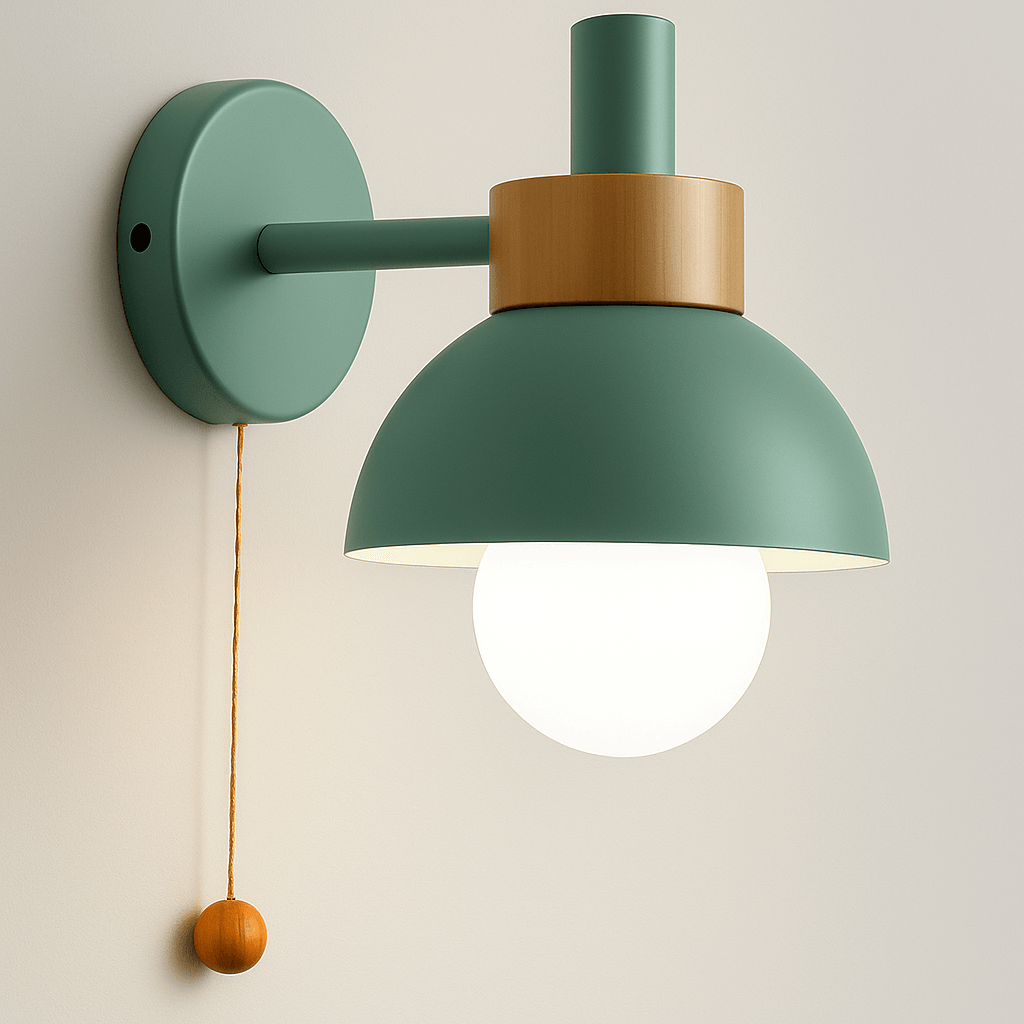 Bolania | Wandlampe - Wandlampe aus Holz und Eisen im Macaron-Stil mit Zugschalter