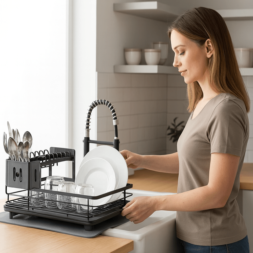 Foldable Stainless Steel Dish Drainer with Cutlery Holder, Non-Slip Feet and Water Drainer for Small Kitchens