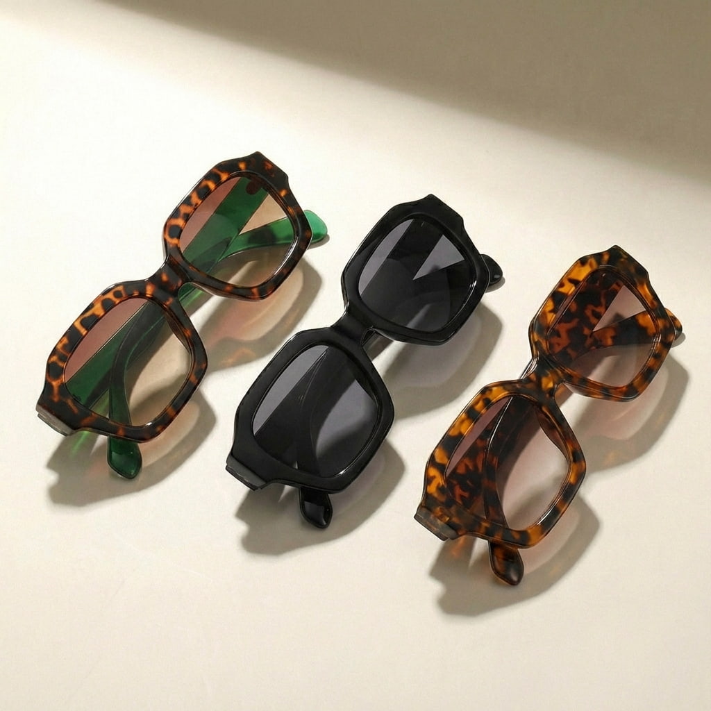 Sunglasses with Geometric Frame in Tortoiseshell Pattern, UV400 Protection, Coloured Temples