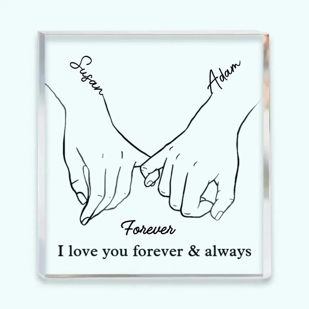 Personalized Acrylic Plaque for Couples with Names and Saying Line Art Hands Freestanding Gift for Anniversary and Valentine's Day