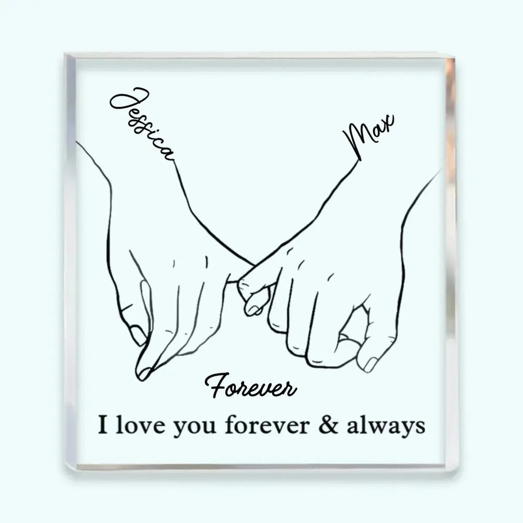 Personalized Acrylic Plaque for Couples with Names and Saying Line Art Hands Freestanding Gift for Anniversary and Valentine's Day