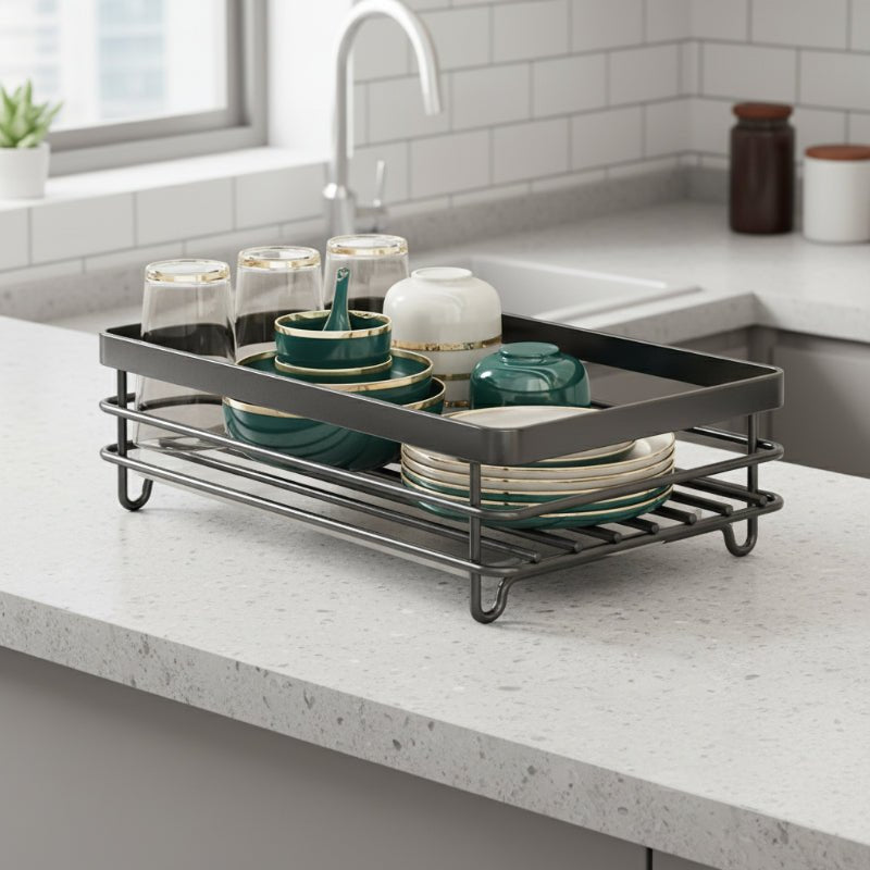 Foldable Stainless Steel Dish Drainer with Cutlery Holder, Non-Slip Feet and Water Drainer for Small Kitchens