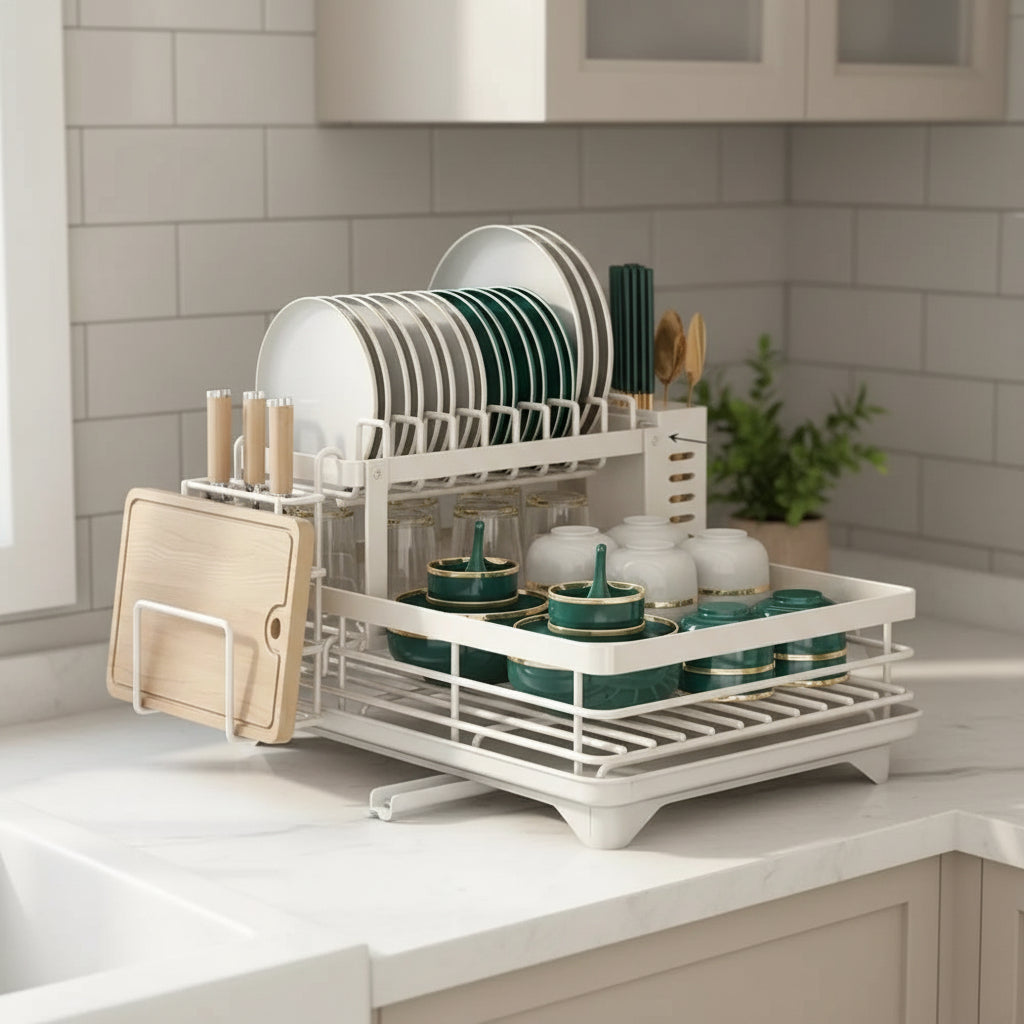 Foldable Stainless Steel Dish Drainer with Cutlery Holder, Non-Slip Feet and Water Drainer for Small Kitchens