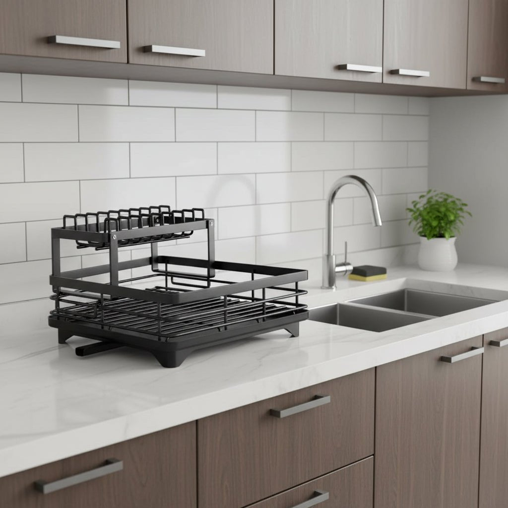 Foldable Stainless Steel Dish Drainer with Cutlery Holder, Non-Slip Feet and Water Drainer for Small Kitchens