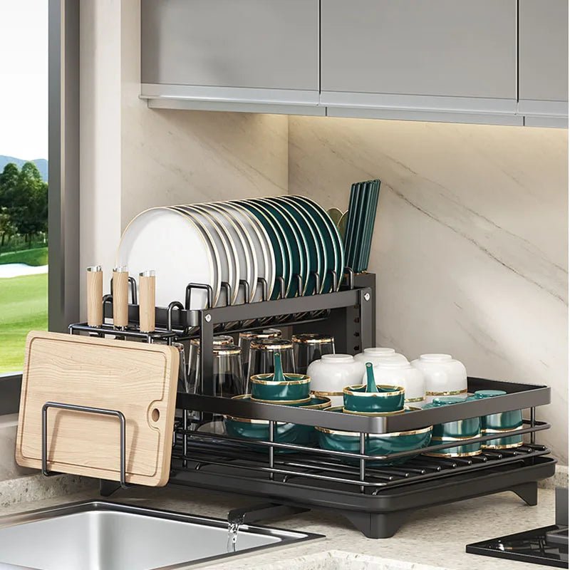 Foldable Stainless Steel Dish Drainer with Cutlery Holder, Non-Slip Feet and Water Drainer for Small Kitchens