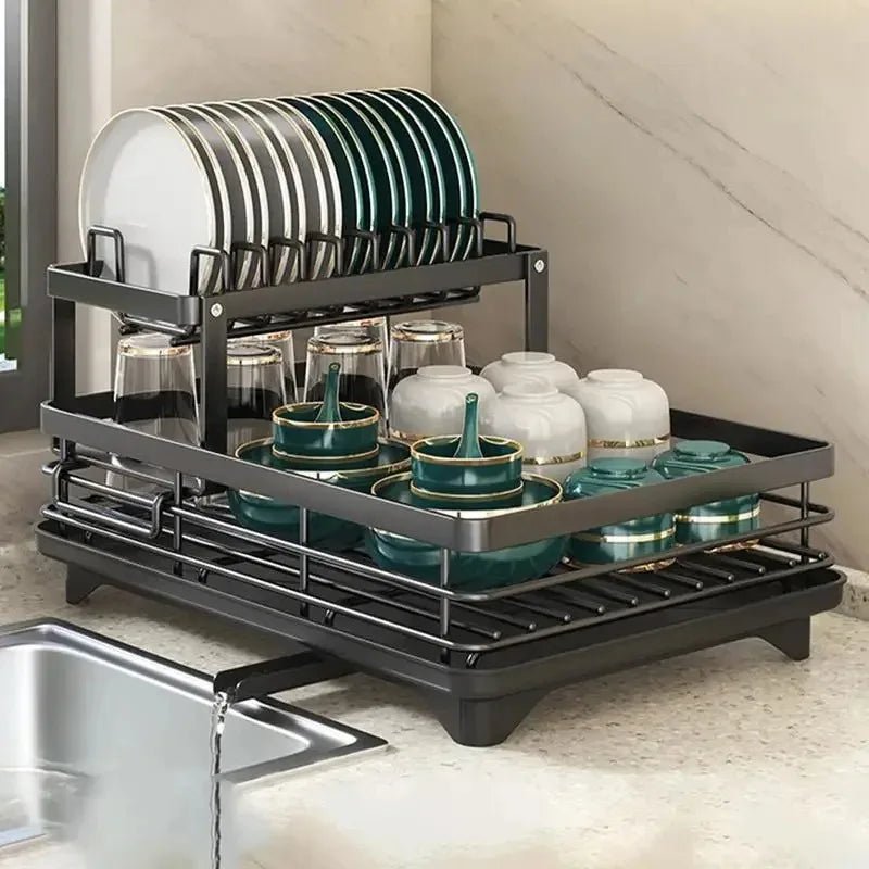 Foldable Stainless Steel Dish Drainer with Cutlery Holder, Non-Slip Feet and Water Drainer for Small Kitchens