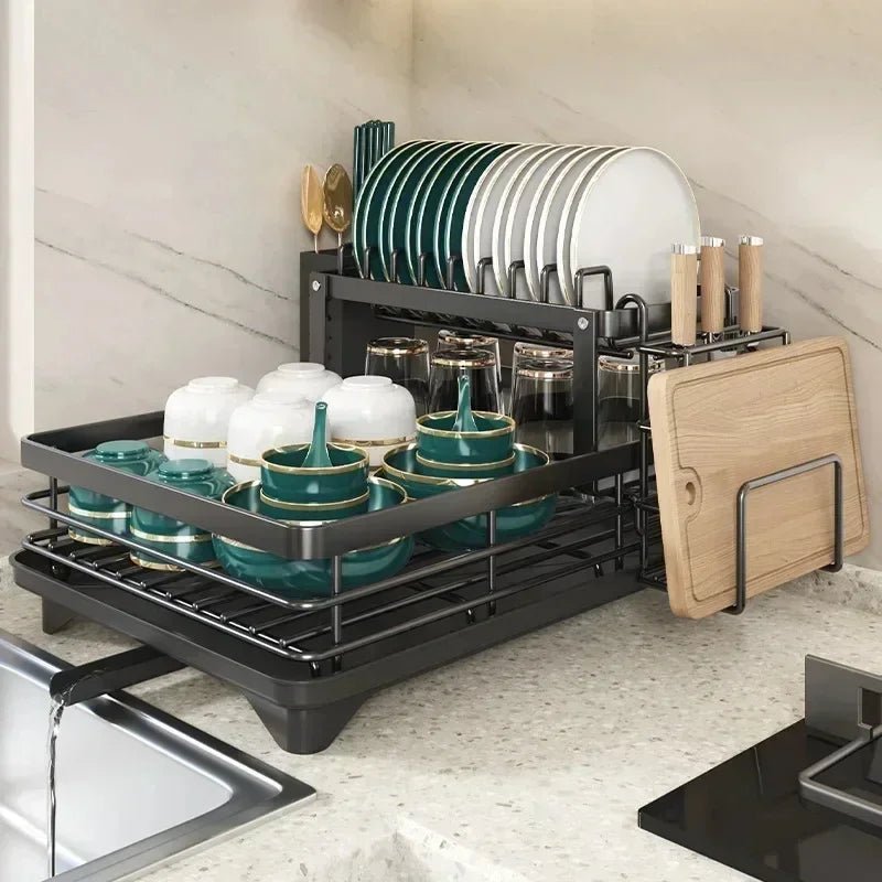 Foldable Stainless Steel Dish Drainer with Cutlery Holder, Non-Slip Feet and Water Drainer for Small Kitchens