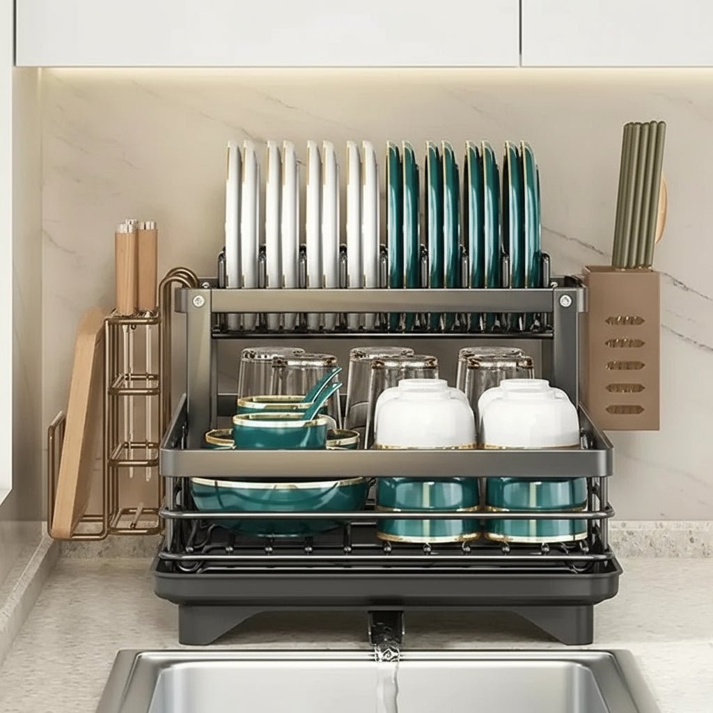 Foldable Stainless Steel Dish Drainer with Cutlery Holder, Non-Slip Feet and Water Drainer for Small Kitchens