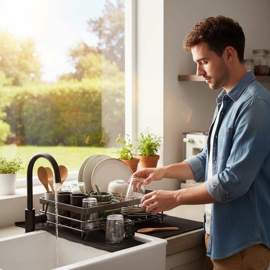 Foldable Stainless Steel Dish Drainer with Cutlery Holder, Non-Slip Feet and Water Drainer for Small Kitchens
