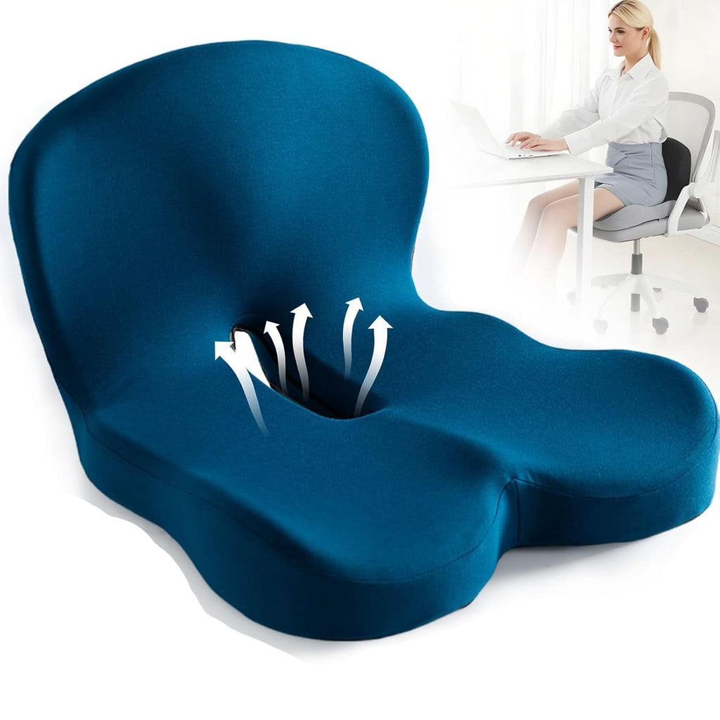 Ergonomic Memory Foam Seat Cushion with Coccyx Cut-out, Removable Cover for Office, Car, and Home