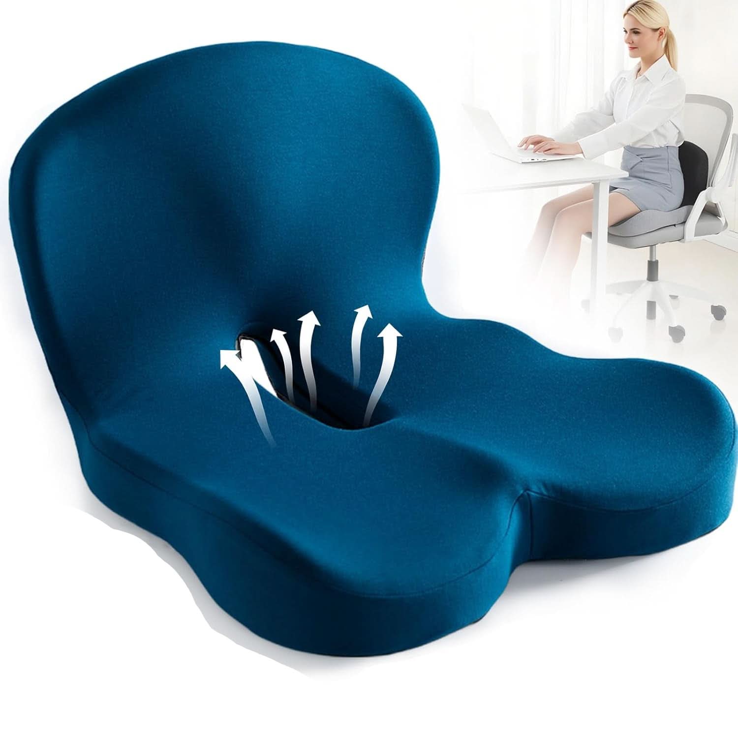 Ergonomic Memory Foam Seat Cushion with Coccyx Cut-out, Removable Cover for Office, Car, and Home