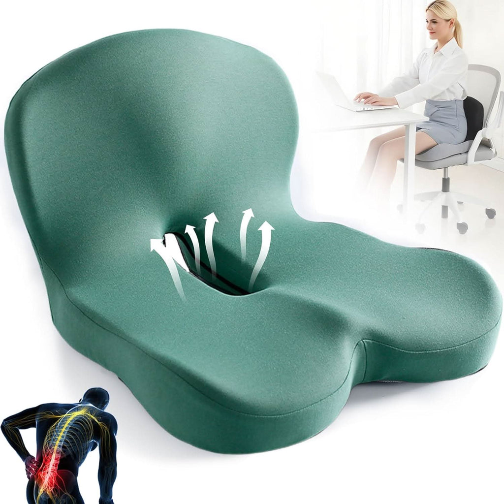 Ergonomic Memory Foam Seat Cushion with Coccyx Cut-out, Removable Cover for Office, Car, and Home