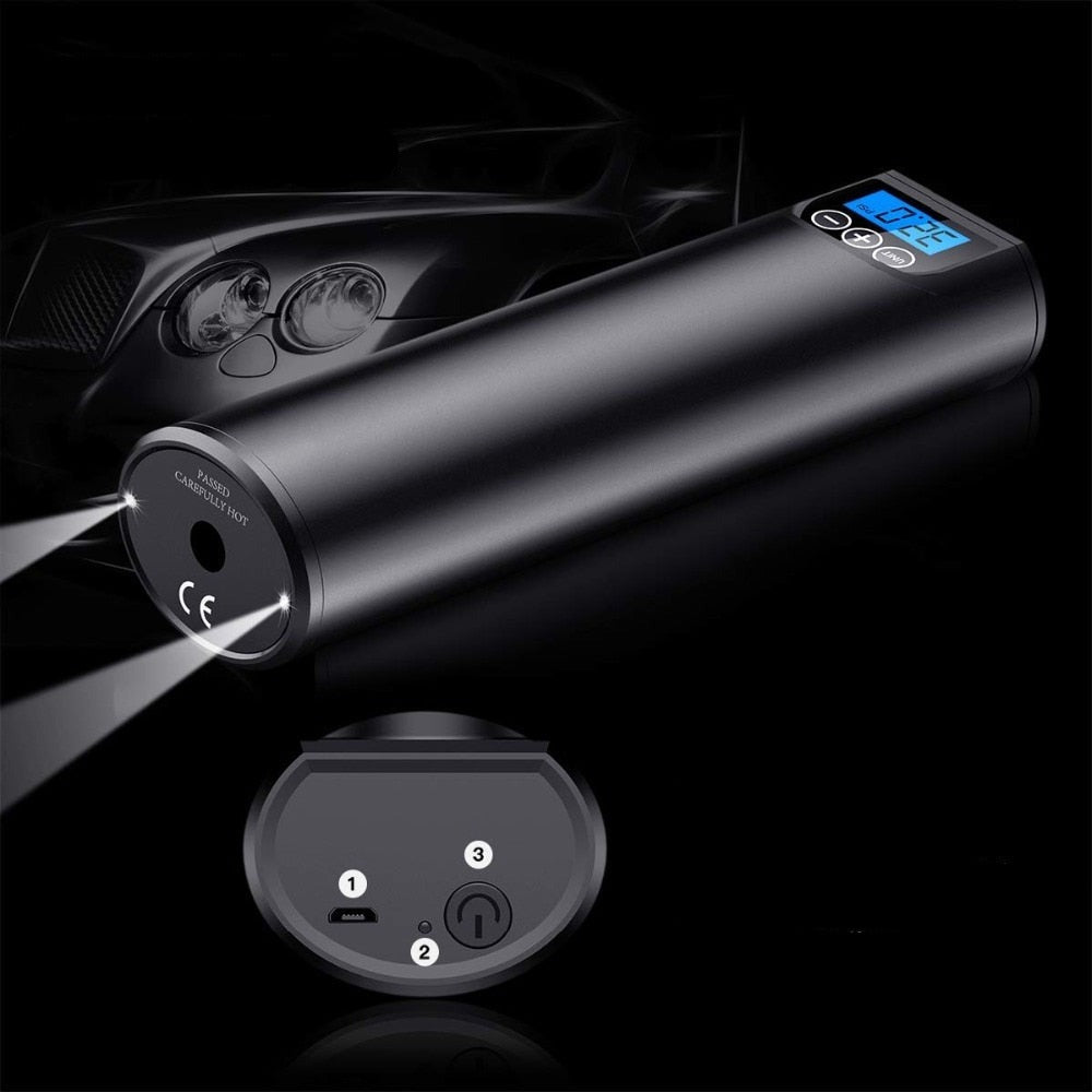 Cordless Portable Air Pump with Digital Display Auto Shut-Off 150 PSI for Cars Bicycles and Balls USB Rechargeable with LED Light