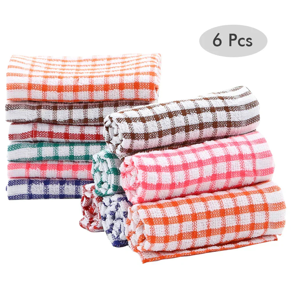 Dish Towels 100% Cotton, Set of 6, Absorbent and Machine Washable with Plaid Pattern for Kitchen and Catering