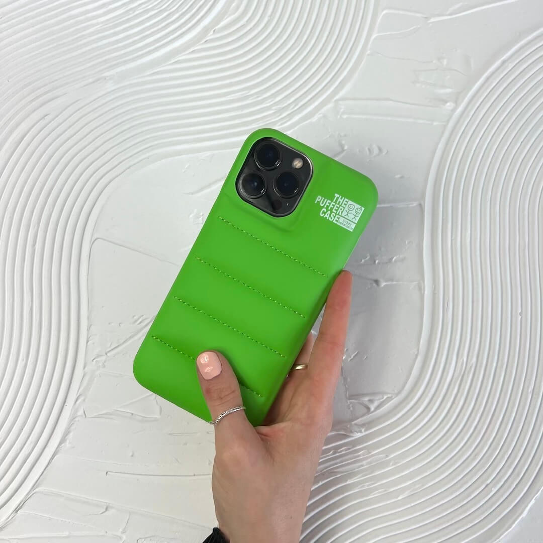 Puffer-Style iPhone Case made of Water-Repellent Polyurethane, Softly Padded and Trendy for iPhone 11 to 14 Pro Max