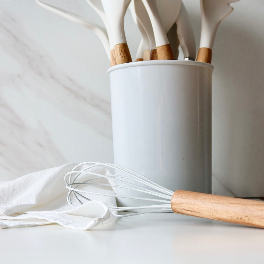 Silicone Kitchen Utensil Set with Wooden Handles Heat Resistant up to 230 Degrees BPA-Free Dishwasher Safe for Non-Stick Pans