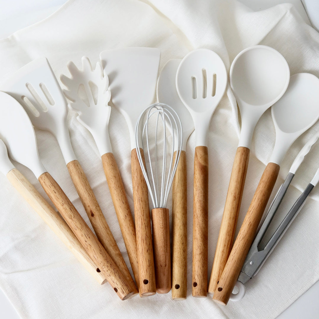 Silicone Kitchen Utensil Set with Wooden Handles Heat Resistant up to 230 Degrees BPA-Free Dishwasher Safe for Non-Stick Pans