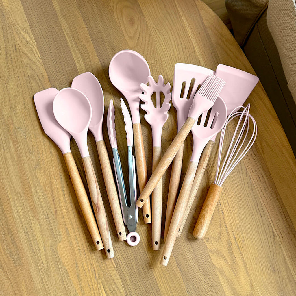 Silicone Kitchen Utensil Set with Wooden Handles Heat Resistant up to 230 Degrees BPA-Free Dishwasher Safe for Non-Stick Pans