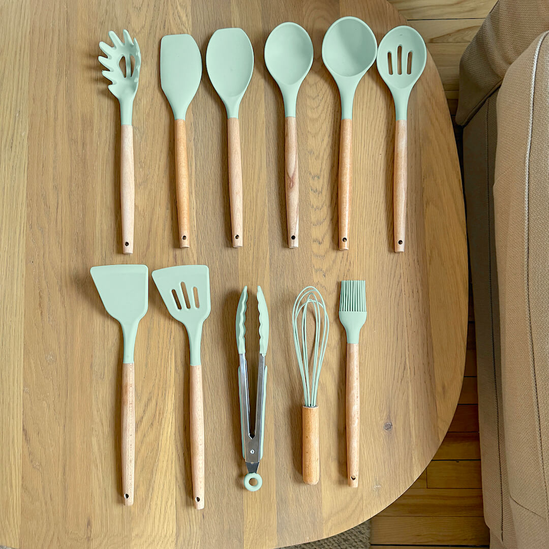 Silicone Kitchen Utensil Set with Wooden Handles Heat Resistant up to 230 Degrees BPA-Free Dishwasher Safe for Non-Stick Pans