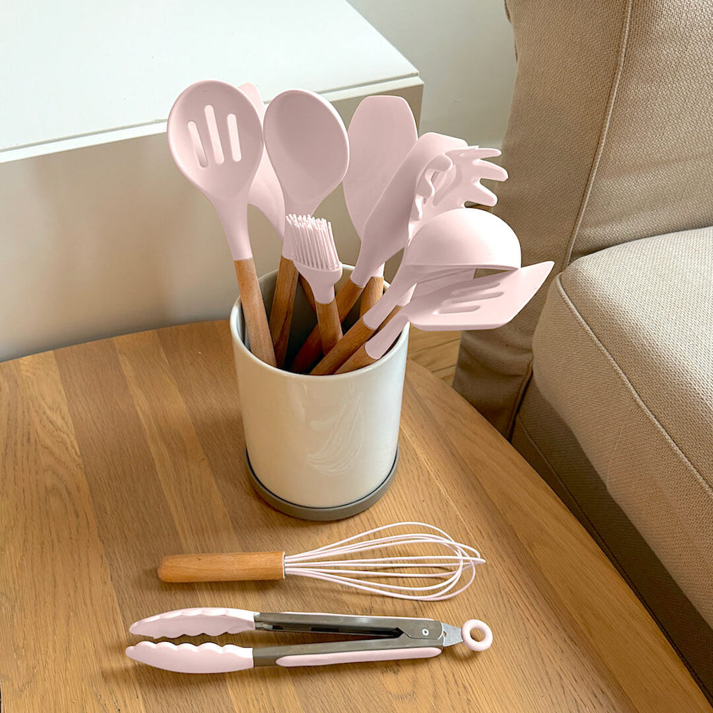 Silicone Kitchen Utensil Set with Wooden Handles Heat Resistant up to 230 Degrees BPA-Free Dishwasher Safe for Non-Stick Pans