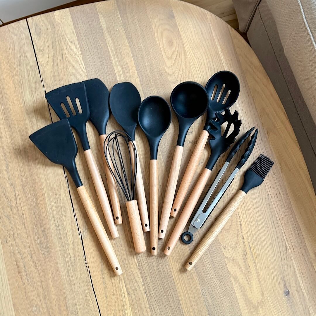 Silicone Kitchen Utensil Set with Wooden Handles Heat Resistant up to 230 Degrees BPA-Free Dishwasher Safe for Non-Stick Pans