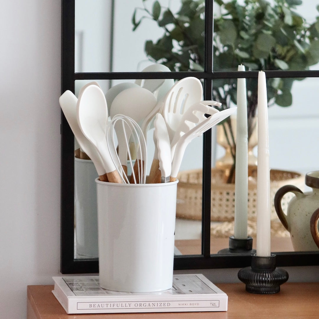 Silicone Kitchen Utensil Set with Wooden Handles Heat Resistant up to 230 Degrees BPA-Free Dishwasher Safe for Non-Stick Pans
